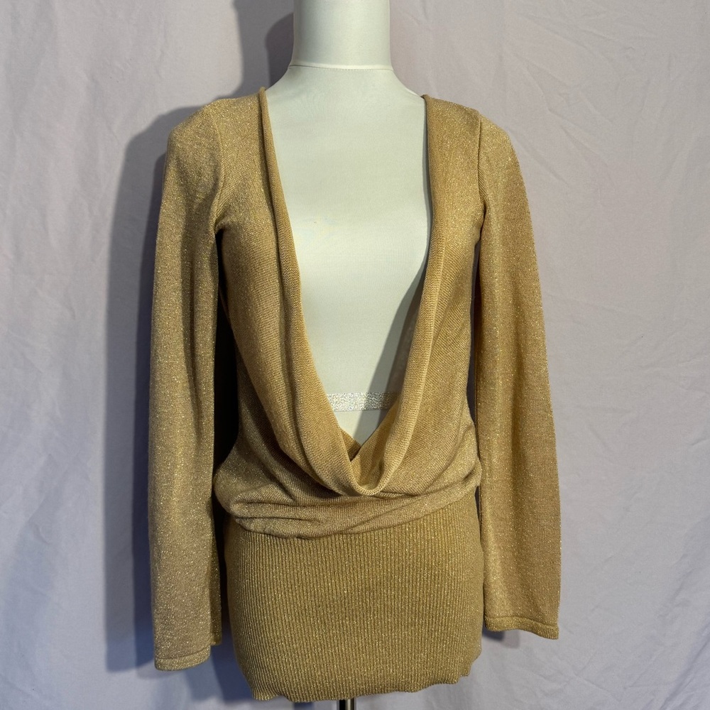 Cenit Gold Shimmer Knit Open Back Draped Cowl Top